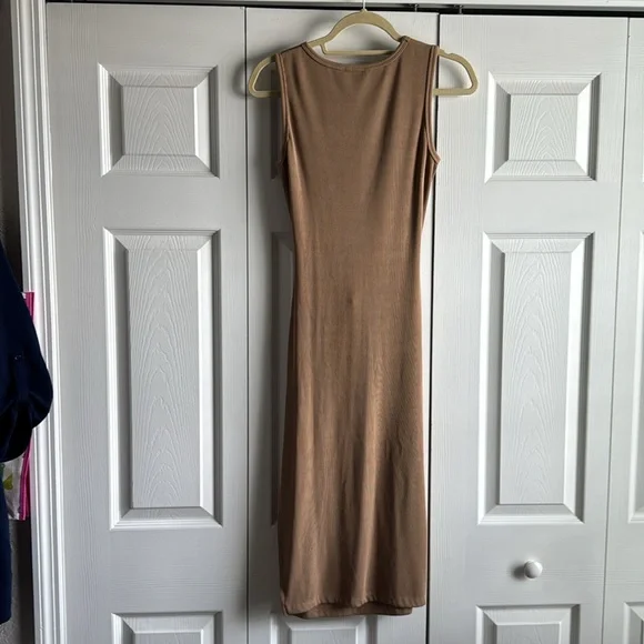 PRETTYGARDEN Women Summer Midi Bodycon Dresses Casual Crew Neck Side Slit Camel - Picture 8 of 10